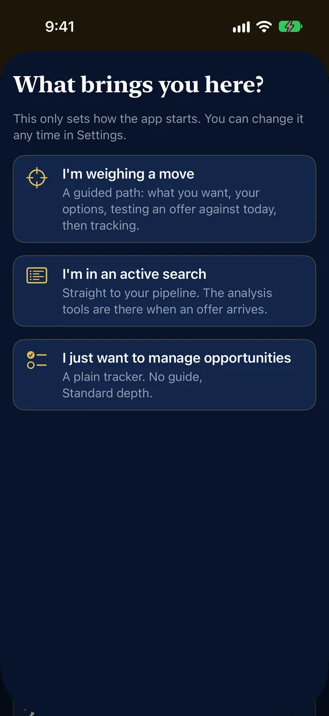 The What brings you here screen on iPhone with three choices