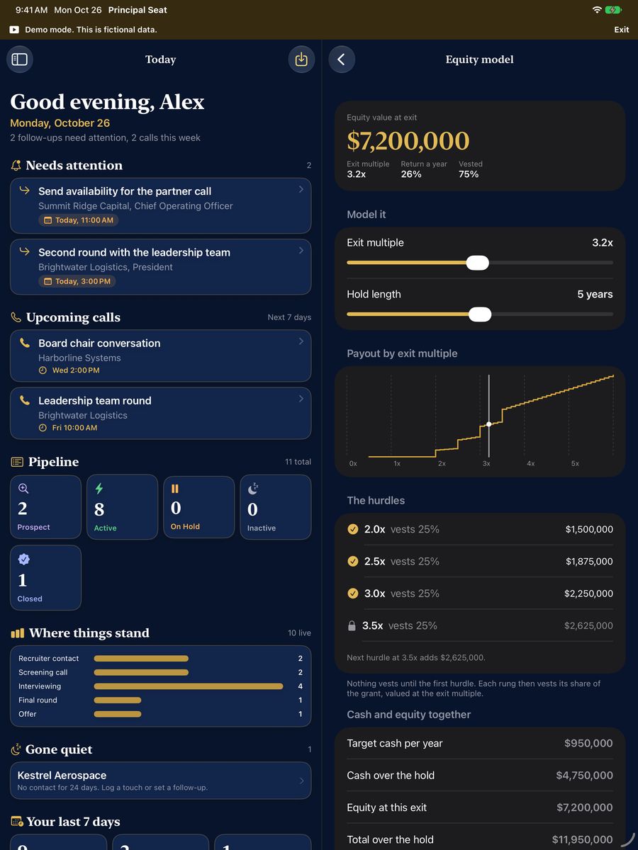 The Today screen and the Equity model side by side on iPad