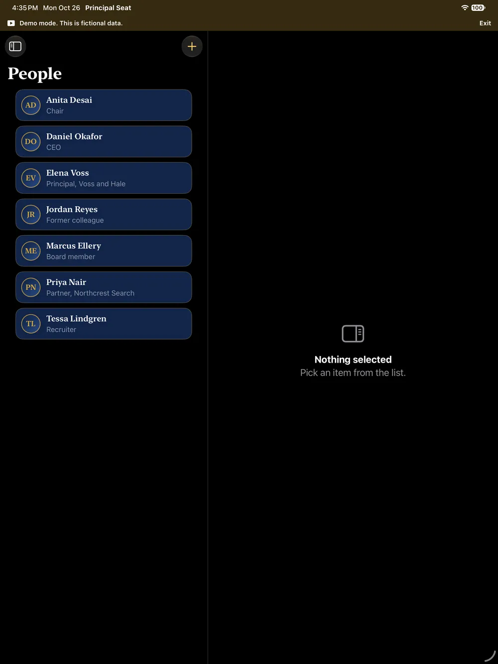 The People list on iPad showing seven fictional contacts