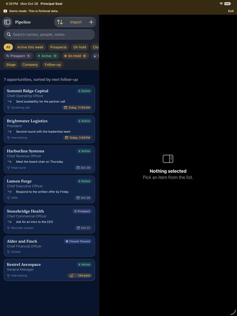 The Pipeline on iPad: seven fictional opportunities with statuses, stages and follow-up dates, one flagged as 24 days quiet