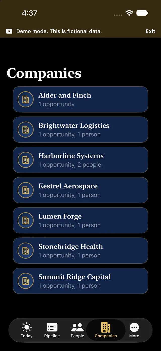 The Companies screen on iPhone listing seven fictional companies with their opportunity and people counts