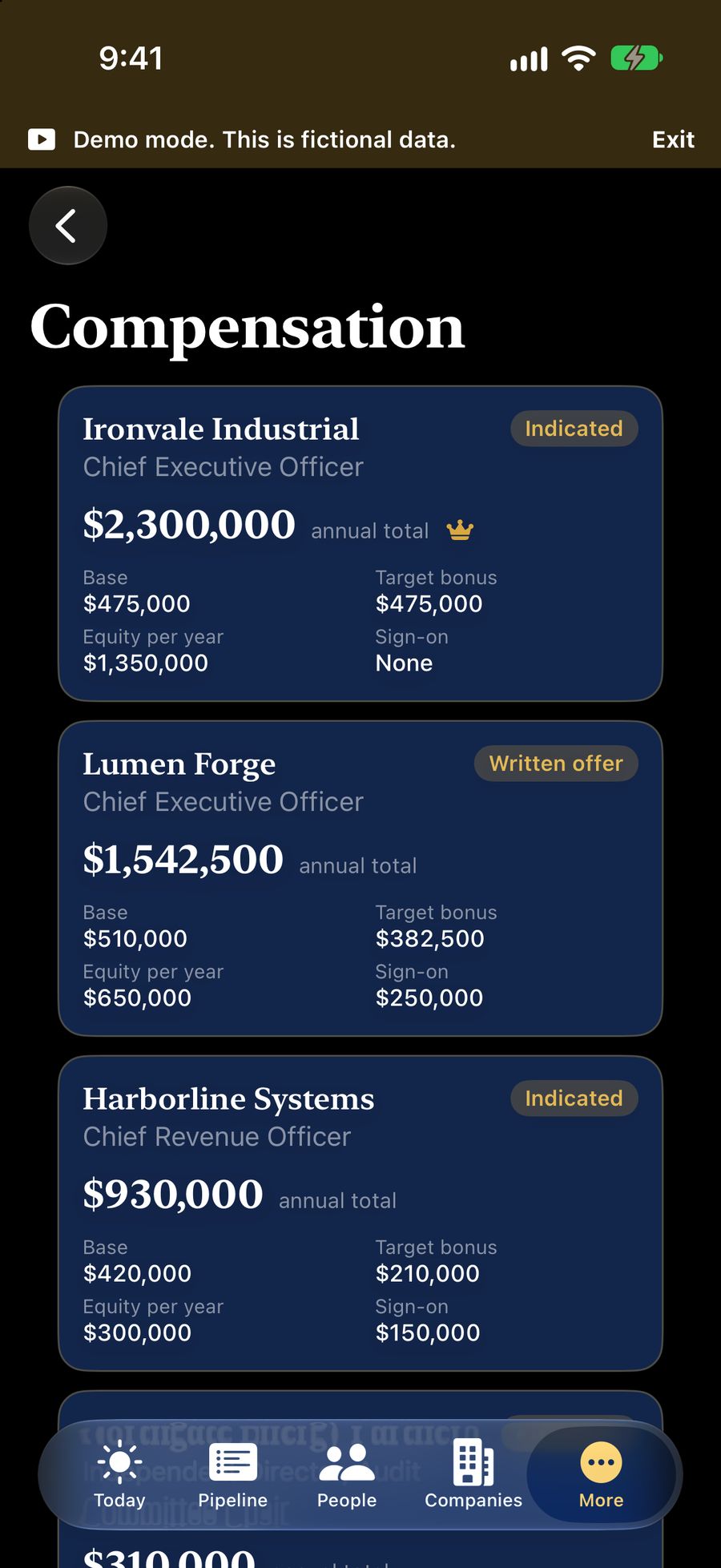 The Compensation screen on iPhone listing three fictional opportunities with base, bonus, equity and sign-on figures