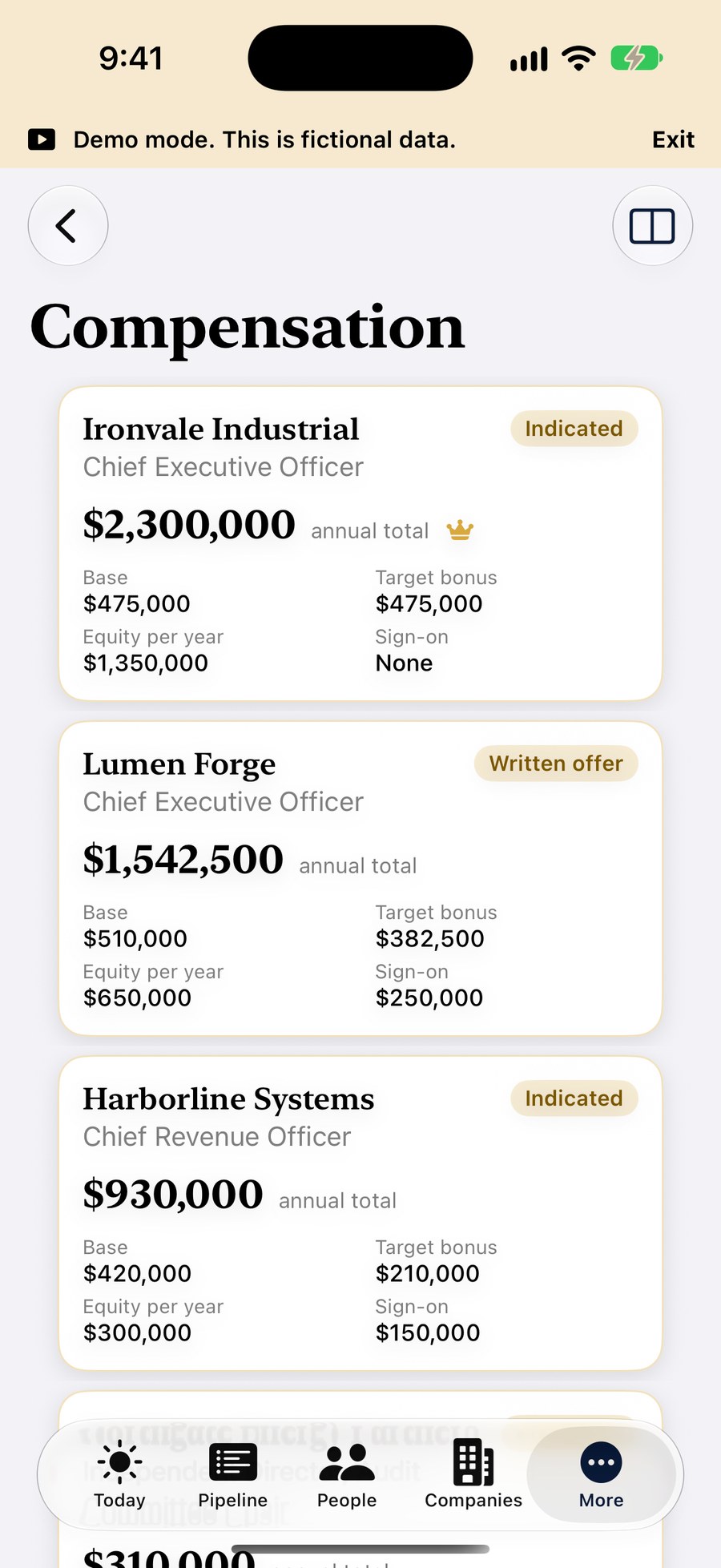 The Compensation screen on iPhone listing three fictional opportunities with base, bonus, equity and sign-on figures