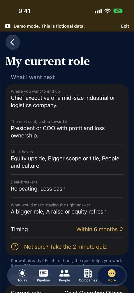 The My current role screen on iPhone with a fictional end goal, next role and must haves
