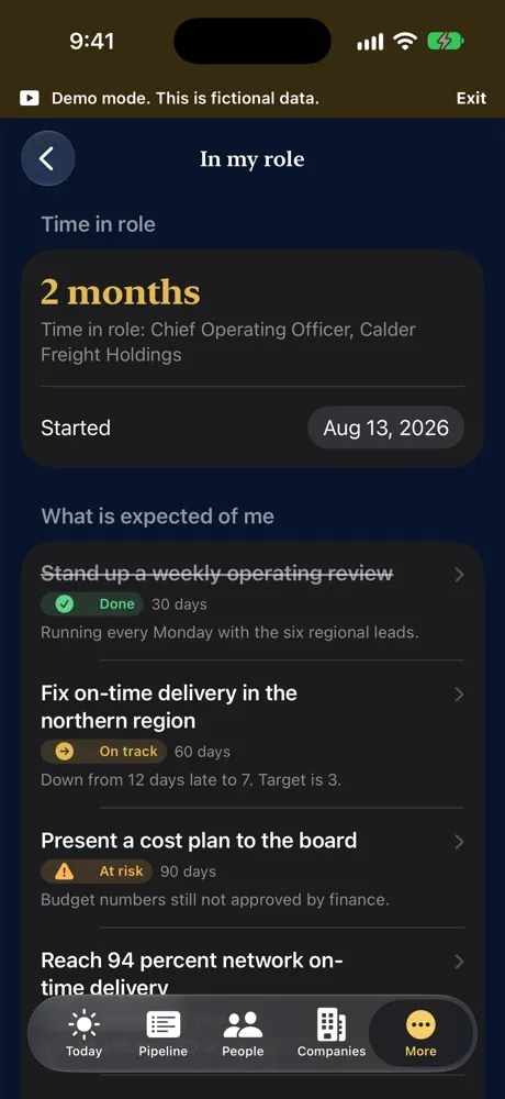 The In my role screen on iPhone with time in role and what is expected of me
