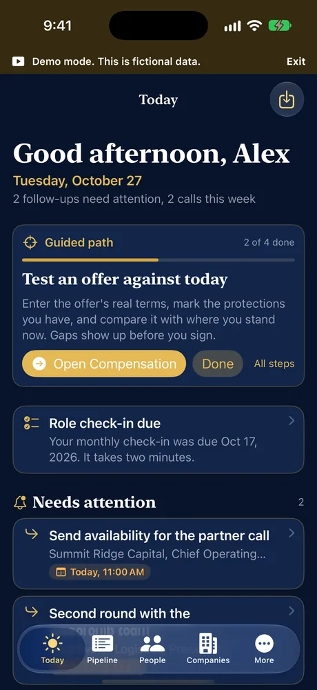 The Today screen on iPhone in Night view, fictional demo data