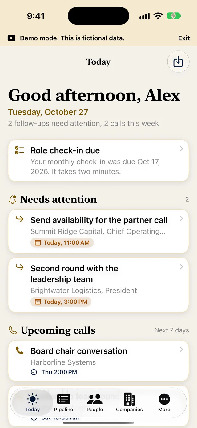 The Today screen on iPhone showing items that need attention and upcoming calls for a fictional executive