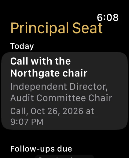 The Today screen on Apple Watch showing a fictional call and follow-ups due